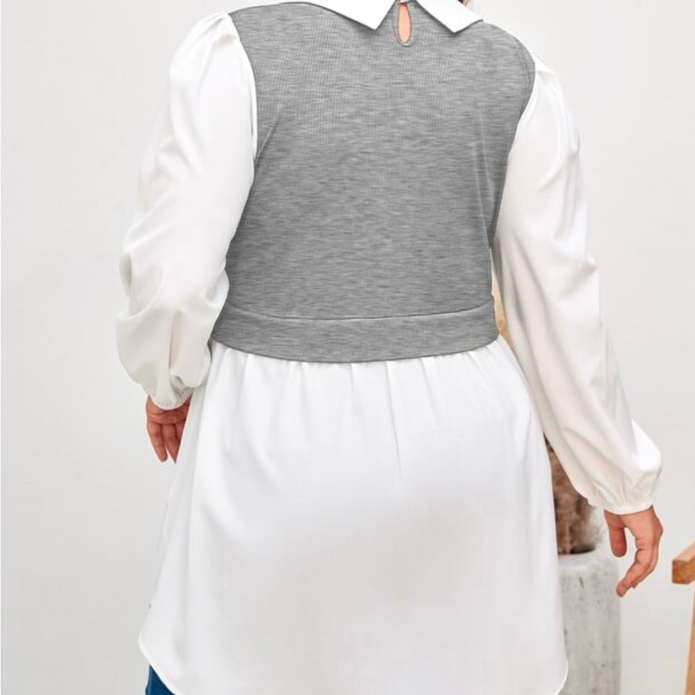 ✨Gray Layered Blouse M 🤍 Preppy Knit Vest Shirt Chic Style‎ ✨ - Picture 6 of 6
